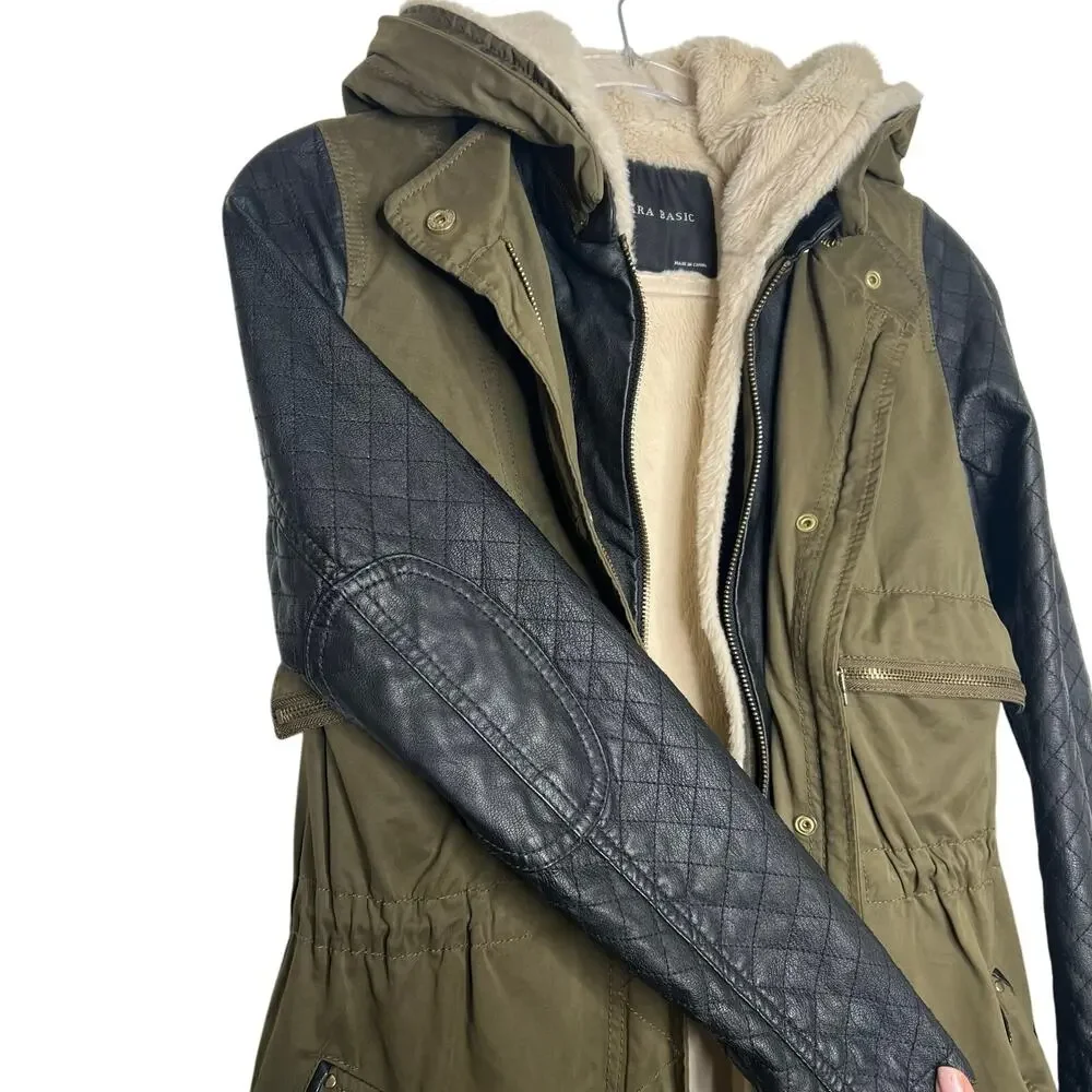 ZARA Jacket Faux Fur Lined Jacket Leather Sleeve Full Zip Hooded Green Black XS